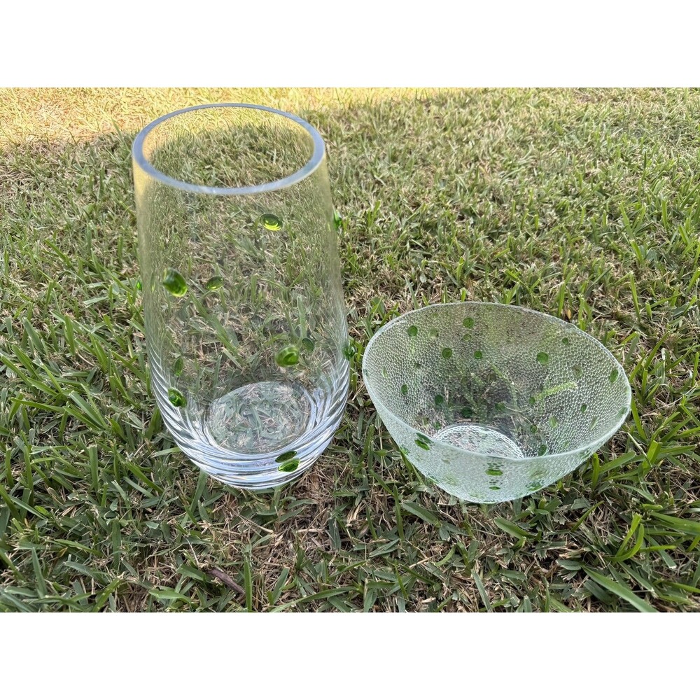 Southern Living At Home Verde Vase & Marietta Bowl Set Green Bubble Dot Glass